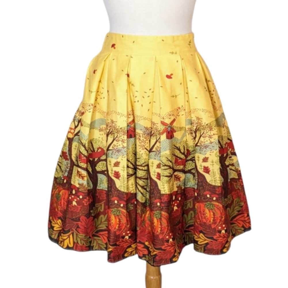 🎃 Pin up Pumpkin fall leaf mushroom print a line full midi skirt